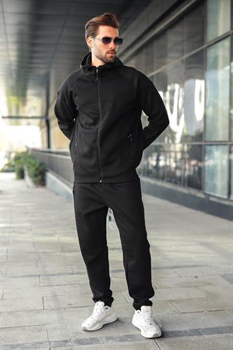 Siyah Erkek Kapüşonlu Fermuarlı Erkek Eşofman Takımı E7343