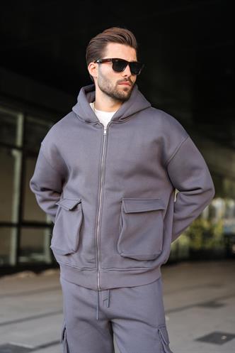 Füme Kapüşonlu Kargo Cepli Erkek Eşofman Takımı E7342
