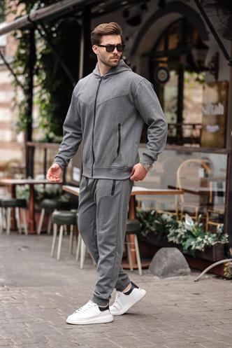 Antrasit Kapüşonlu Rahat Kesim Erkek Eşofman Takımı E7330