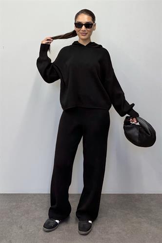 Siyah Kapüşonlu Triko Kadın Eşofman Takımı MG2237