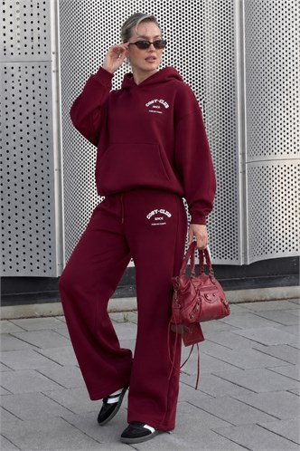 Bordo Kapüşonlu Baskılı Kadın Eşofman Takımı MG2524
