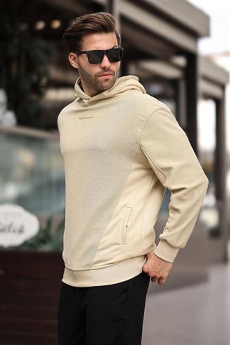 Bej Kapüşonlu Cep Detaylı Nakışlı Erkek Sweatshirt 7050
