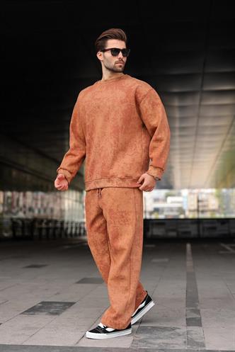 Kahverengi Bisiklet Yaka Batik Desenli Erkek Sweatshirt Pantolon Takım E7344