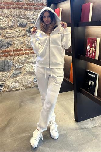 Ekru Kapüşonlu Fermuarlı Eşofman Takımı MG2227