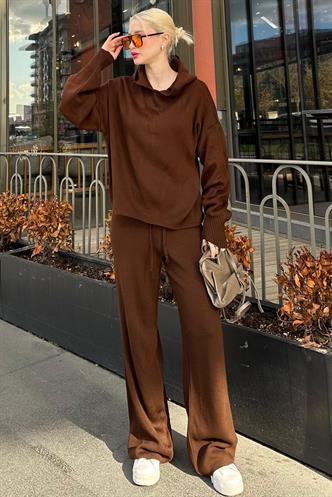 Kahverengi Kapüşonlu Triko Kadın Eşofman Takımı MG2237
