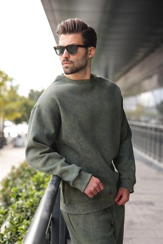 Haki Bisiklet Yaka Batik Desenli Erkek Sweatshirt Pantolon Takım E7344