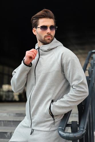Gri Erkek Kapüşonlu Fermuarlı Erkek Eşofman Takımı E7343