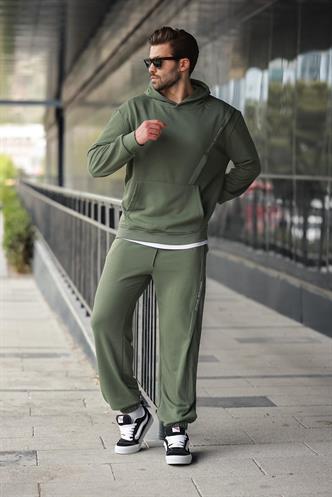 Haki Kapüşonlu Kanguru Cep Erkek Eşofman Takımı E7325