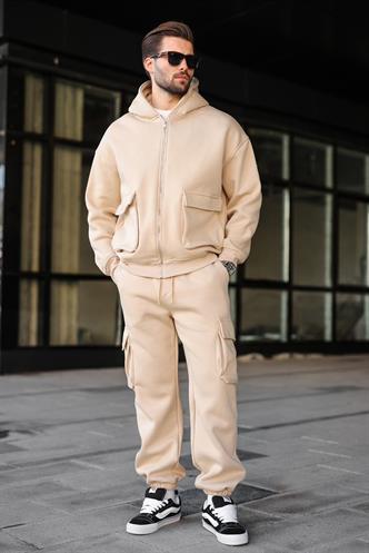 Bej Kapüşonlu Kargo Cepli Erkek Eşofman Takımı E7342