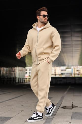 Bej Çift Fermuarlı Kapüşonlu Eşofman Takımı E7345