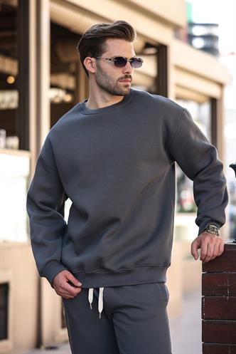 Füme Kahverengi Bisiklet Yaka Basic Eşofman Takımı E7329