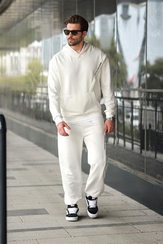 Beyaz Kapüşonlu Kanguru Cep Erkek Eşofman Takımı E7325