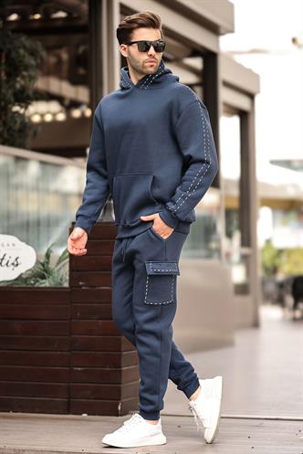 Lacivert Erkek Kapüşonlu Paçası Lastikli Eşofman Takımı 5957
