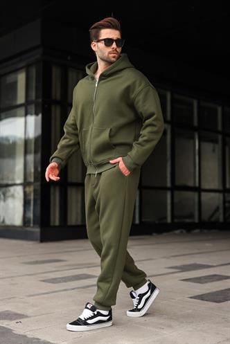 Haki Çift Fermuarlı Kapüşonlu Eşofman Takımı E7345