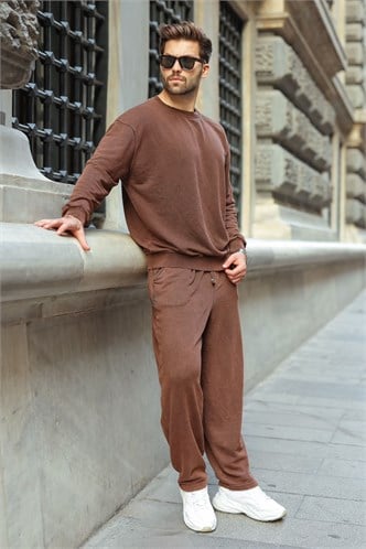 Kahverengi Yıkamalı Bisiklet Yaka Regular Fit Erkek Sweat Eşofman Takım E7369