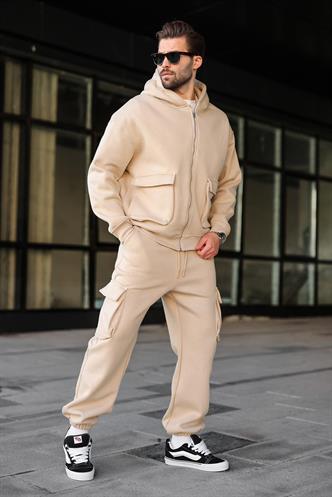 Bej Kapüşonlu Kargo Cepli Erkek Eşofman Takımı E7342