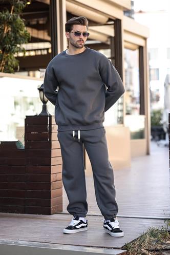 Füme Kahverengi Bisiklet Yaka Basic Eşofman Takımı E7329