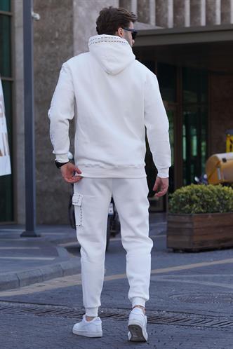Ekru Erkek Kapüşonlu Paçası Lastikli Eşofman Takımı 5957