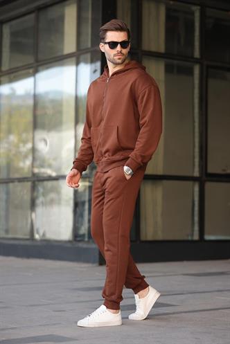 Acı Kahverengi Kapüşonlu Fermuarlı Basic Erkek Eşofman Takımı E7331