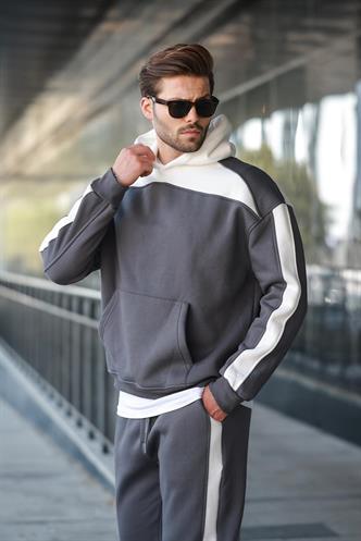 Füme Kapüşonlu Şerit Detaylı Erkek Eşofman Takımı E7326