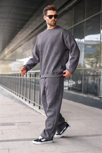 Füme Bisiklet Yaka Batik Desenli Erkek Sweatshirt Pantolon Takım E7344