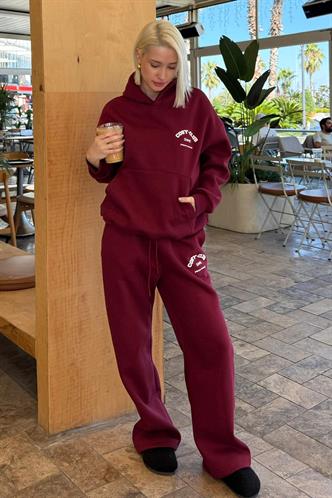 Bordo Kapüşonlu Baskılı Kadın Eşofman Takımı MG2524