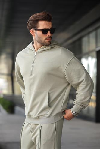 Mint Yeşili Yarım Fermuarlı Kapüşonlu Erkek Eşofman Takımı E7332