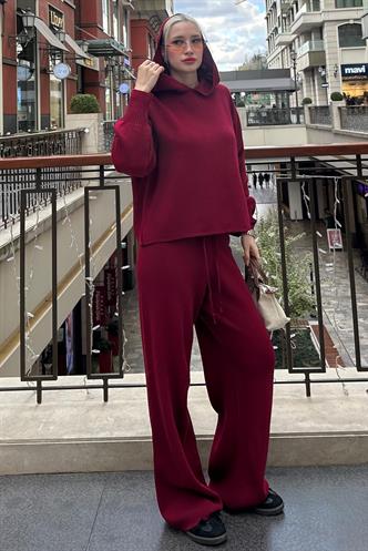 Bordo Kapüşonlu Triko Kadın Eşofman Takımı MG2237