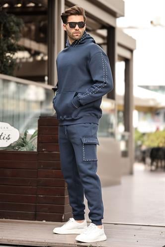 Lacivert Erkek Kapüşonlu Paçası Lastikli Eşofman Takımı 5957