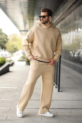 Bej Kapüşonlu Kanguru Cep Erkek Eşofman Takımı E7338