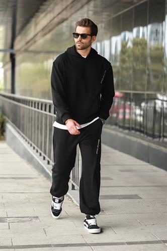 Siyah Kapüşonlu Kanguru Cep Erkek Eşofman Takımı E7325