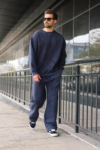 Lacivert Bisiklet Yaka Batik Desenli Erkek Sweatshirt Pantolon Takım E7344