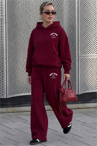 Bordo Kapüşonlu Baskılı Kadın Eşofman Takımı MG2524