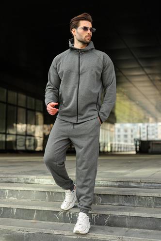 Antrasit Erkek Kapüşonlu Fermuarlı Erkek Eşofman Takımı E7343