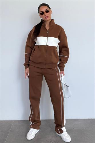 Kahverengi Dik Yaka Fermuarlı Şeritli Eşofman Takımı MG2216