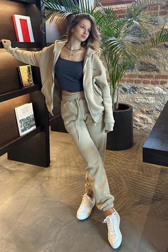 Bej Kapüşonlu Fermuarlı Eşofman Takımı MG2227