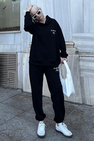 Siyah Kapüşonlu Baskılı Kadın Eşofman Takımı MG2187