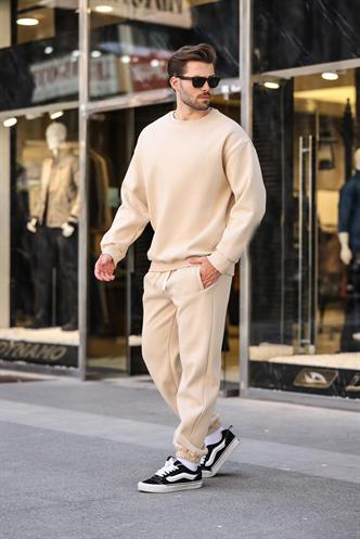 Bej Bisiklet Yaka Basic Eşofman Takımı E7329