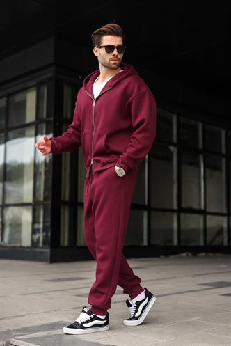 Bordo Çift Fermuarlı Kapüşonlu Eşofman Takımı E7345
