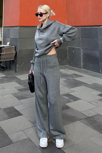 Gri Kapüşonlu Triko Kadın Eşofman Takımı MG2237