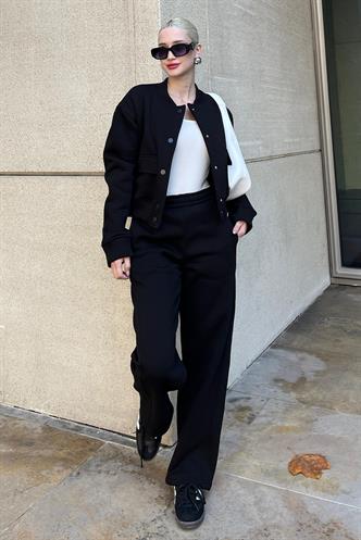 Siyah Bisiklet Yaka Kadın Ceketli Eşofman Takımı MG2182