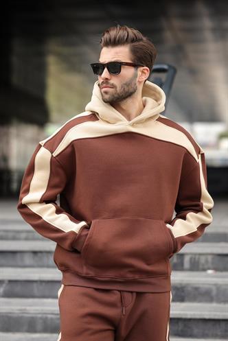 Acı Kahverengi Kapüşonlu Şerit Detaylı Erkek Eşofman Takımı E7326