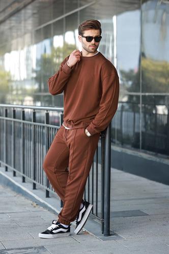 Acı Kahverengi Bisiklet Yaka Basic Erkek Eşofman Takımı E7323