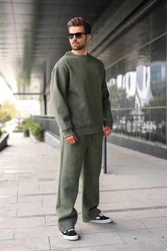 Haki Bisiklet Yaka Batik Desenli Erkek Sweatshirt Pantolon Takım E7344