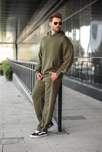 Haki Kanguru Cep Kapüşonlu Erkek Eşofman Takımı E7336