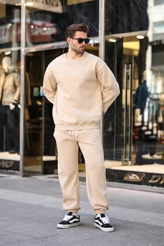 Bej Bisiklet Yaka Basic Eşofman Takımı E7329