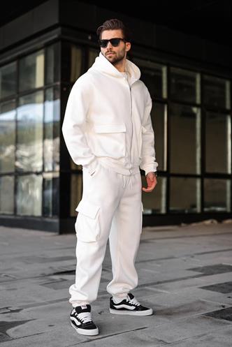 Ekru Kapüşonlu Kargo Cepli Erkek Eşofman Takımı E7342