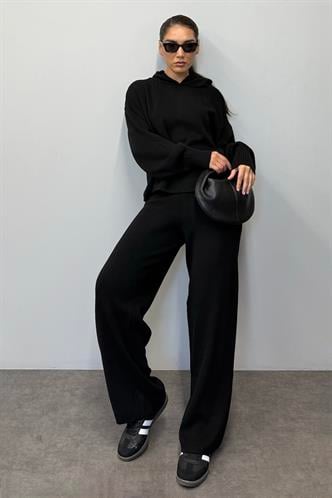Siyah Kapüşonlu Triko Kadın Eşofman Takımı MG2237