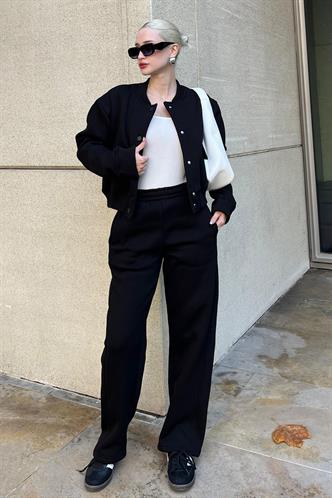 Siyah Bisiklet Yaka Kadın Ceketli Eşofman Takımı MG2182