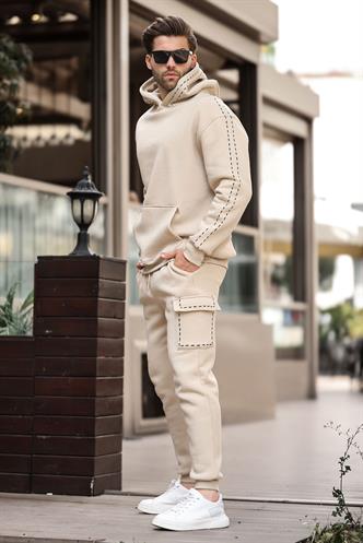 Bej Erkek Kapüşonlu Paçası Lastikli Eşofman Takımı 5957